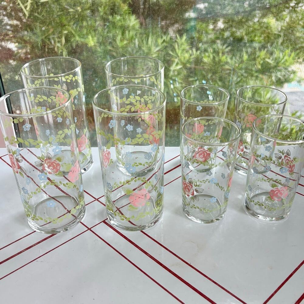 Vintage Libbey Pfaltzgraff Tea Rose Coolers & Juice Glasses Set 8